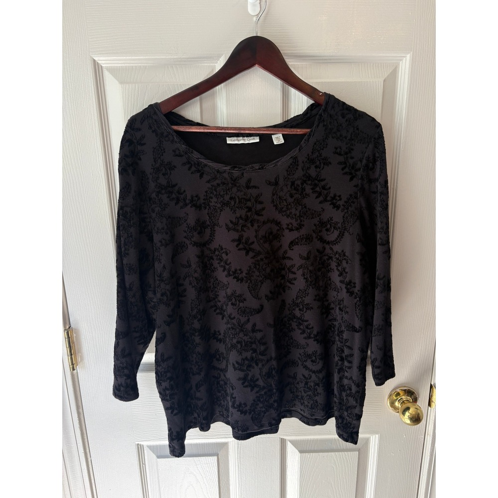 Coldwater Creek Black Flocked Floral Paisley Top 2X 3/4 Sleeve Cotton Scoop Neck